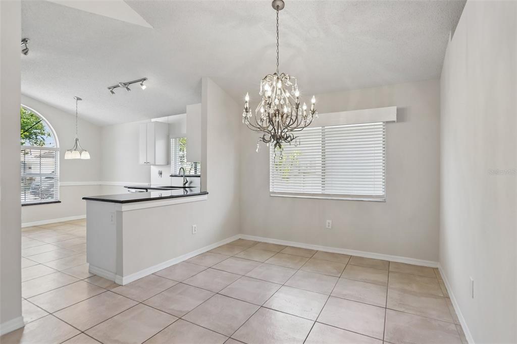 A dining area features tile flooring, a crystal chandelier, and an adjacent kitchen breakfast bar — 10216 CHARLESTON CORNER ROAD, TAMPA, FL