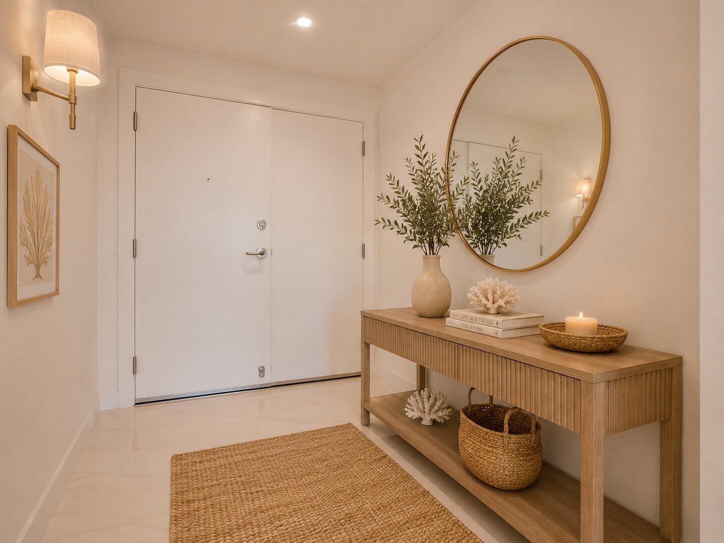 A bright entryway features a wooden console table, a round gold mirror, and a rug — 730 N Ocean Boulevard, Pompano Beach FL 33062, POMPANO BEACH, FL