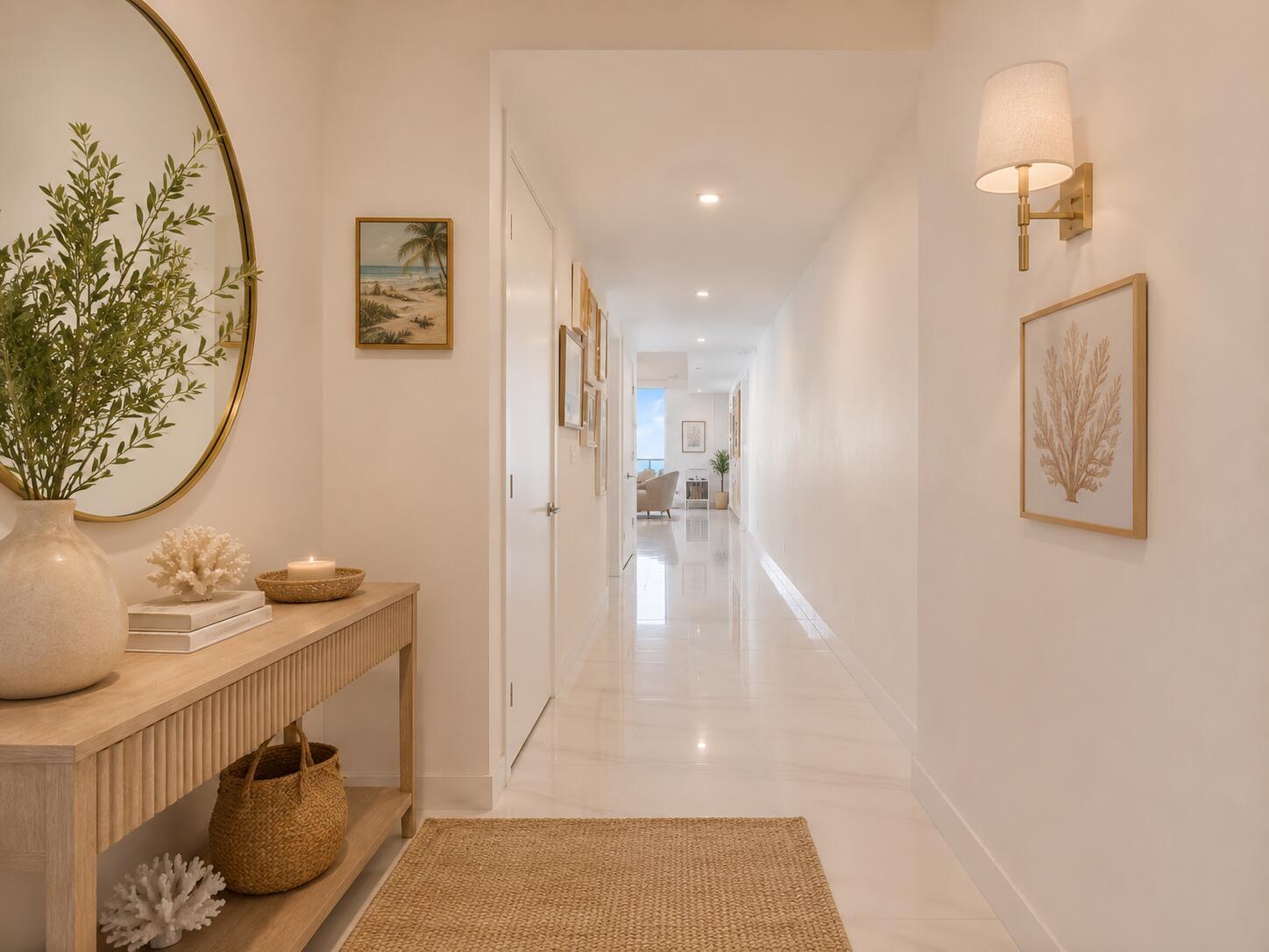 A bright hallway features a console table, wall art, and polished tile flooring — 730 N Ocean Boulevard, Pompano Beach FL 33062, POMPANO BEACH, FL