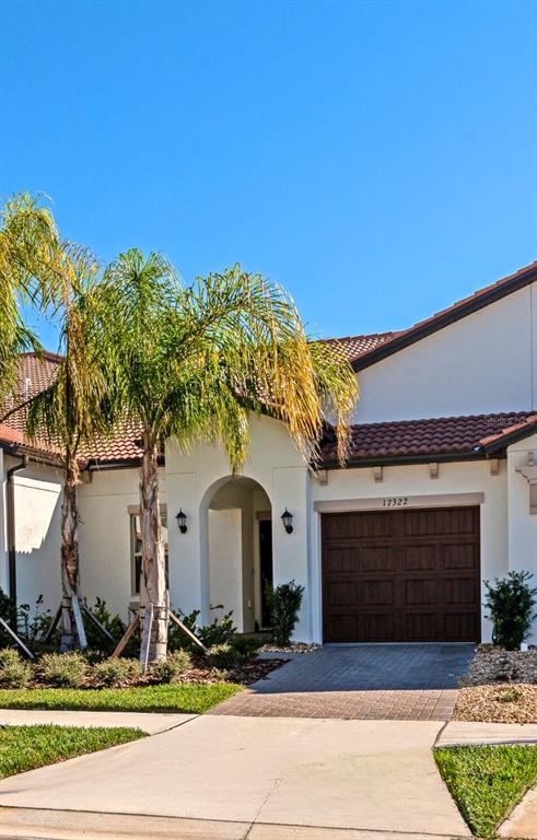 A single-story house exterior features a brown garage door, a covered entryway, and palm trees — 17322 HOLLY WELL AVENUE, WIMAUMA, FL