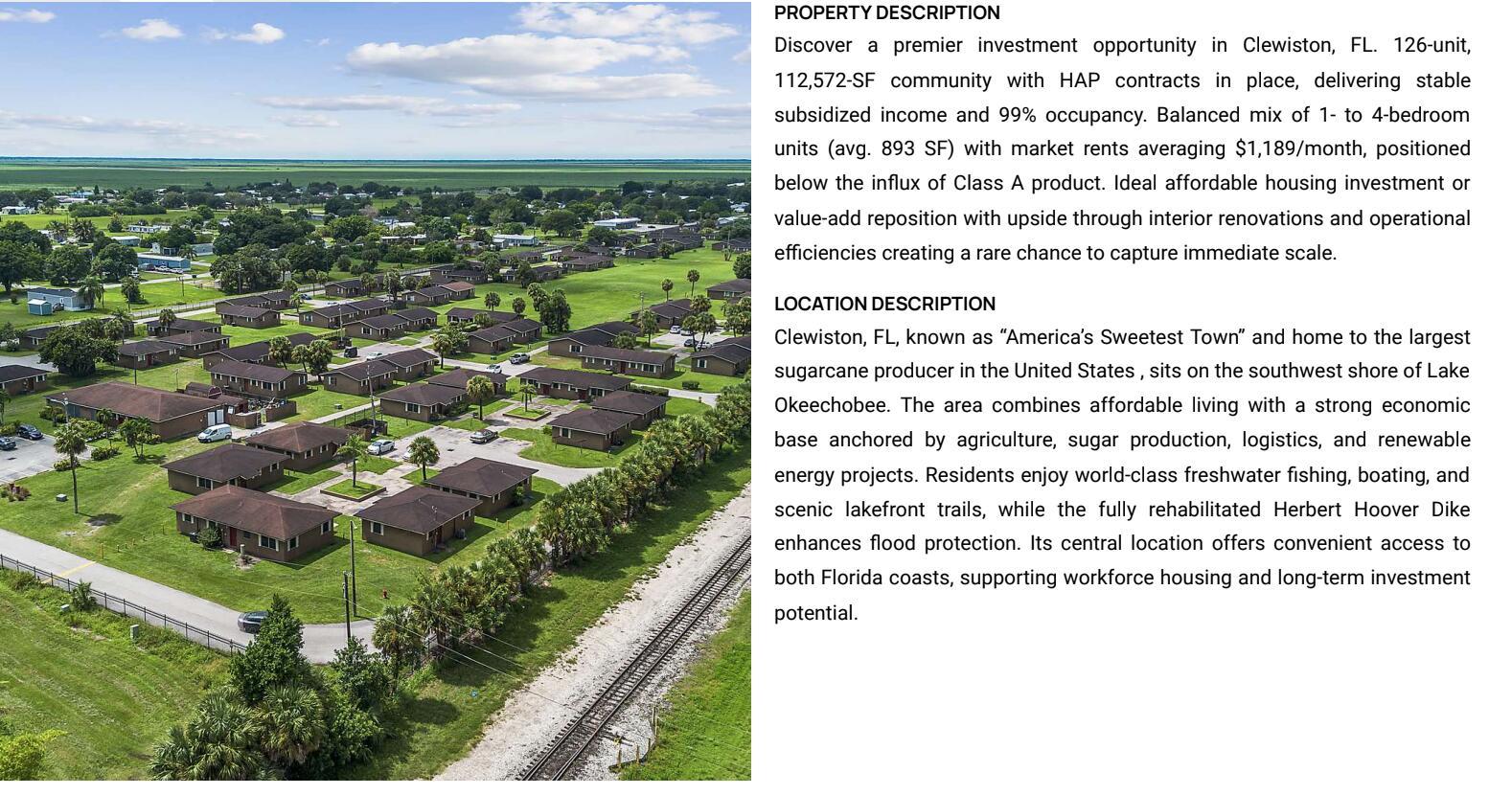 An aerial view shows a residential apartment complex with multiple single-story buildings and green lawns — 700 Harlem Tenants Circle, Clewiston FL 33440, CLEWISTON, FL