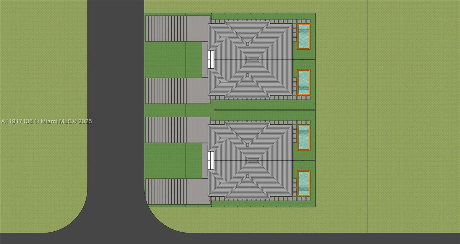 This is a site plan rendering showing two houses with driveways and backyard swimming pools — 6301 SW 27th St, Miami FL 33155, MIAMI, FL