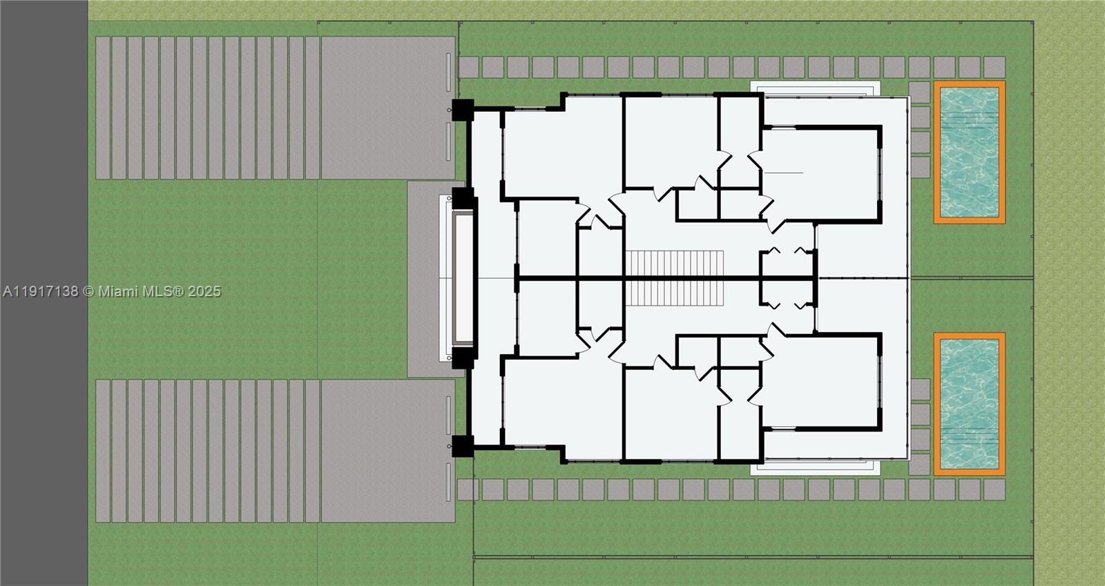 This is a floor plan rendering of a duplex featuring two private pools and driveways — 6301 SW 27th St, Miami FL 33155, MIAMI, FL