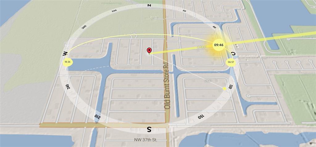 This map shows a property location with a solar path overlay indicating sun position — 3940 NW 41ST AVENUE, CAPE CORAL, FL