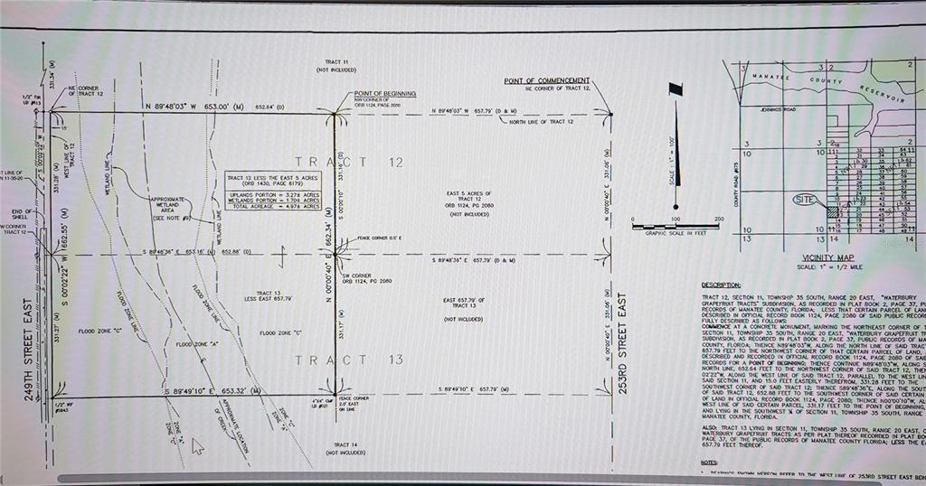 This is a land survey map showing property boundaries, flood zones, and legal descriptions — 5011 249TH ST STREET E, MYAKKA CITY, FL