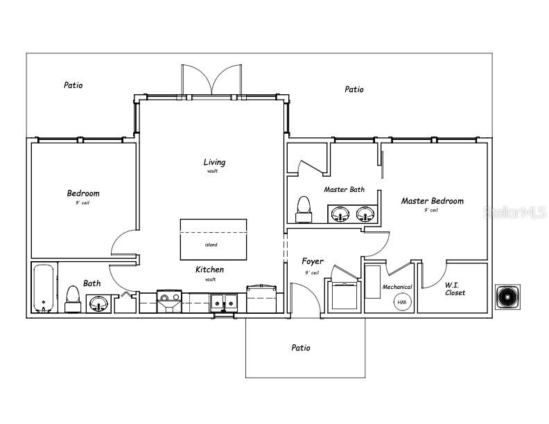 This is a floor plan of a house featuring a living area, kitchen, two bedrooms, and three patios — 225 GARDENIA AVENUE, GEORGETOWN, FL