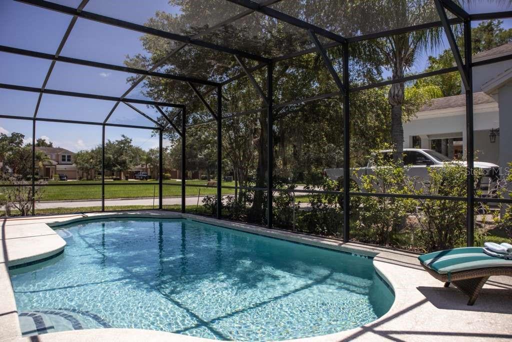 A screened-in swimming pool with a lounge chair on a patio overlooking a suburban street — 210 LAS FUENTES DRIVE, KISSIMMEE, FL