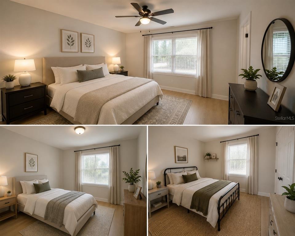 Three views of bedrooms featuring neutral walls, light wood flooring, and modern furniture — 6805 22ND AVENUE W, BRADENTON, FL