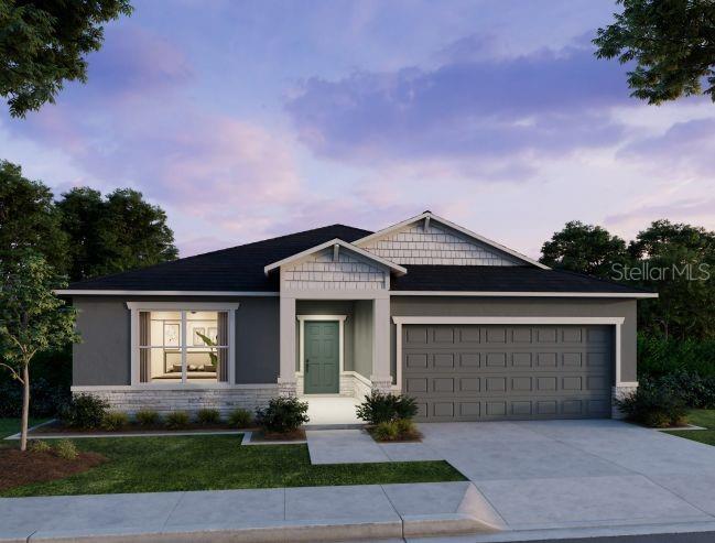 This is a digital rendering of a single-story suburban house with a gray exterior and garage — 31527 WILD GRAPE LANE, BROOKSVILLE, FL