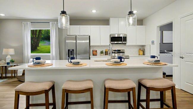 A modern kitchen features white cabinetry, stainless steel appliances, and a large island with bar seating — 31527 WILD GRAPE LANE, BROOKSVILLE, FL