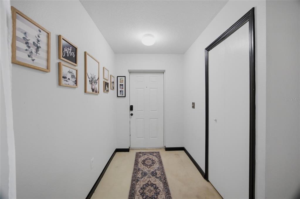 A bright entryway features white walls, a patterned runner rug, and a framed gallery wall — 13708 TRAMORE DRIVE, ODESSA, FL