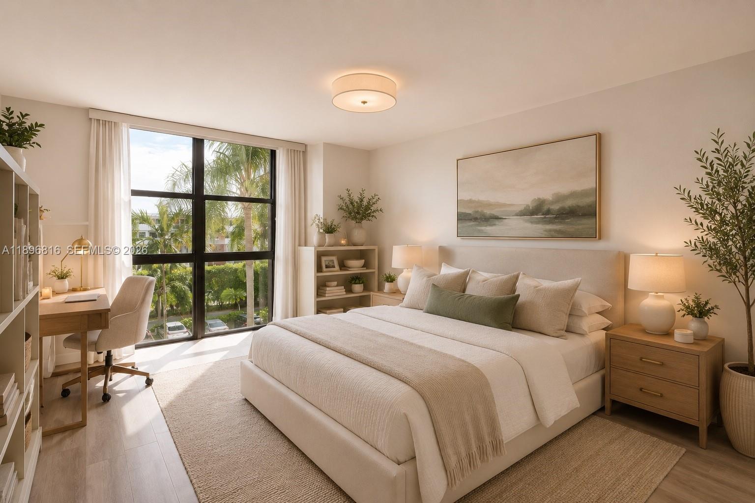 This bedroom features a queen bed, a desk area, and large windows with palm trees — 4000 Towerside Ter # 402, Miami FL 33138, MIAMI, FL