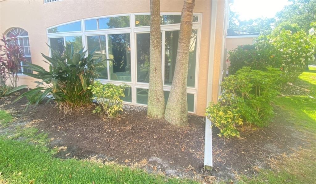 The exterior of a house features a glass-enclosed sunroom, palm trees, and landscaped garden beds — 801 GONDOLA PARK DRIVE UNIT 801, VENICE, FL