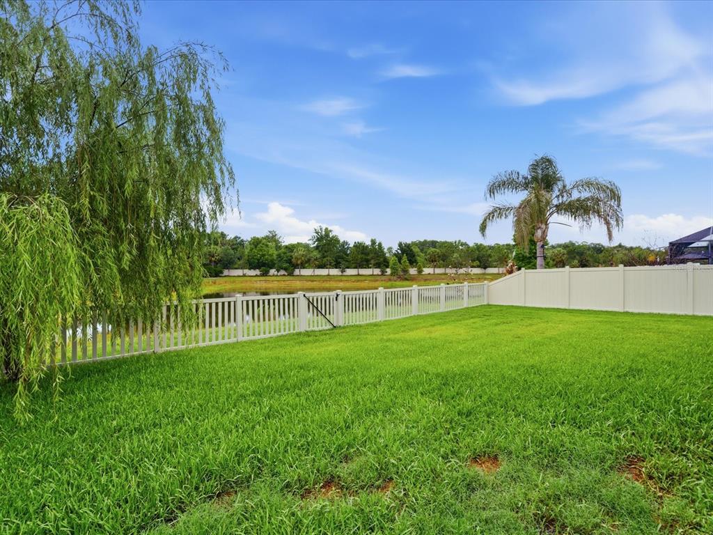 A grassy backyard features a white vinyl fence, a willow tree, and a pond view — 17735 BRIGHT WHEAT DRIVE, LITHIA, FL
