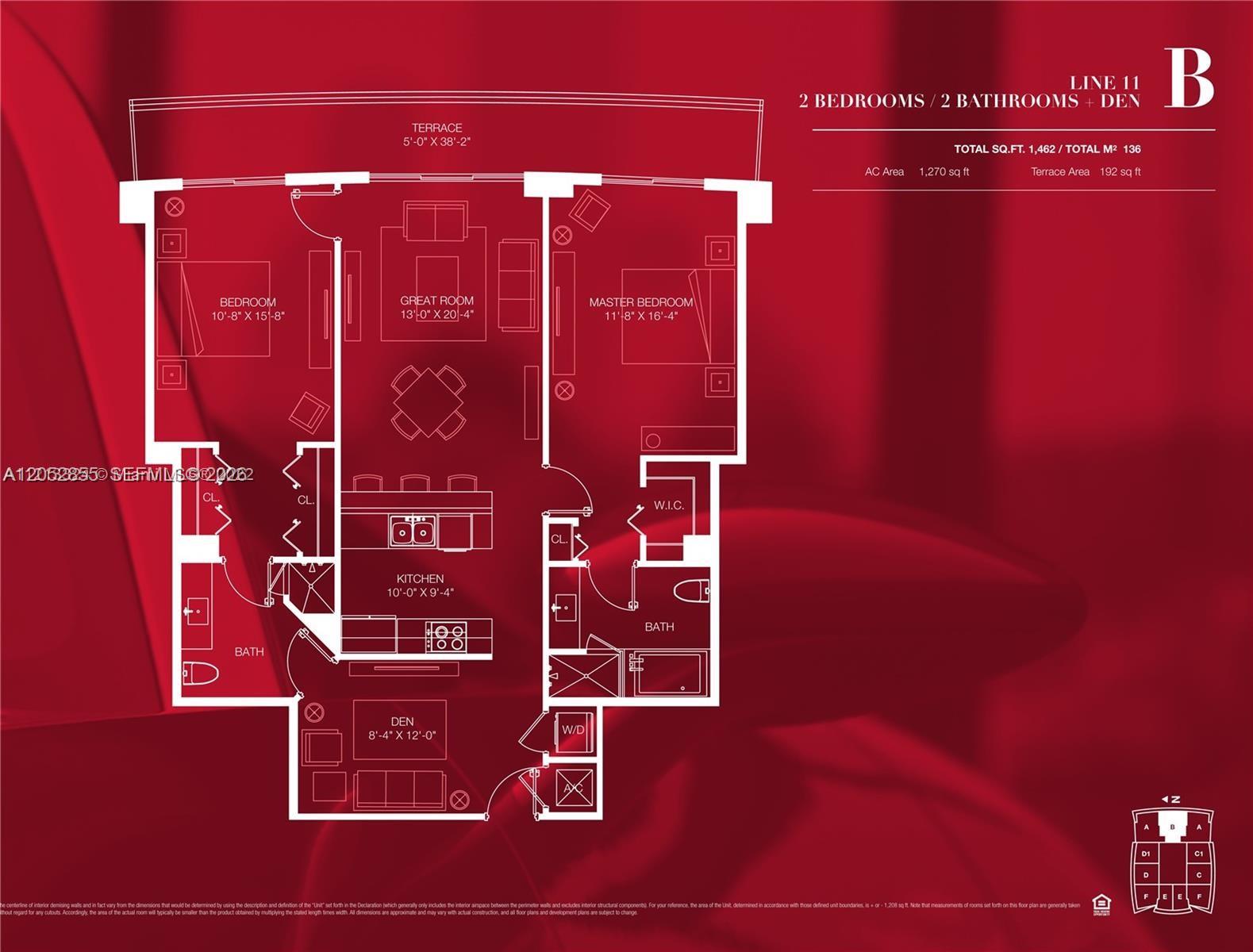 This is a floor plan for a two-bedroom, two-bathroom apartment with a den and terrace — 1100 S Miami Ave # 411, Miami FL 33130, MIAMI, FL