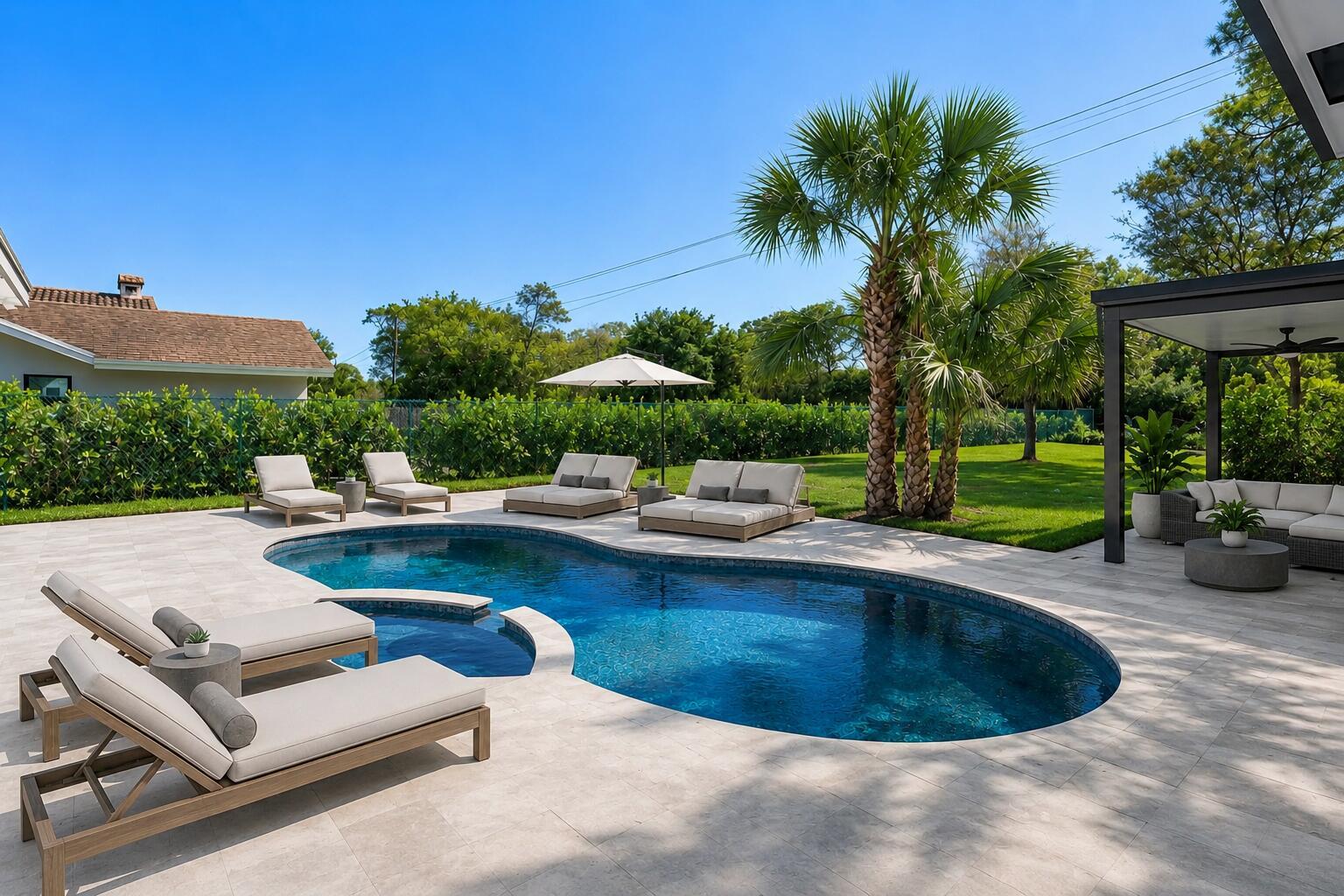 A backyard features a swimming pool with a spa, lounge chairs, and a covered patio — 1598 SW 17th Street, Boca Raton FL 33486, BOCA RATON, FL