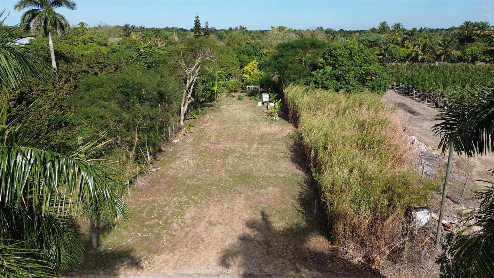 An aerial view shows a long, narrow, grassy lot bordered by trees and tall vegetation — 0 SW 253rd Streets, FL 33031, FL