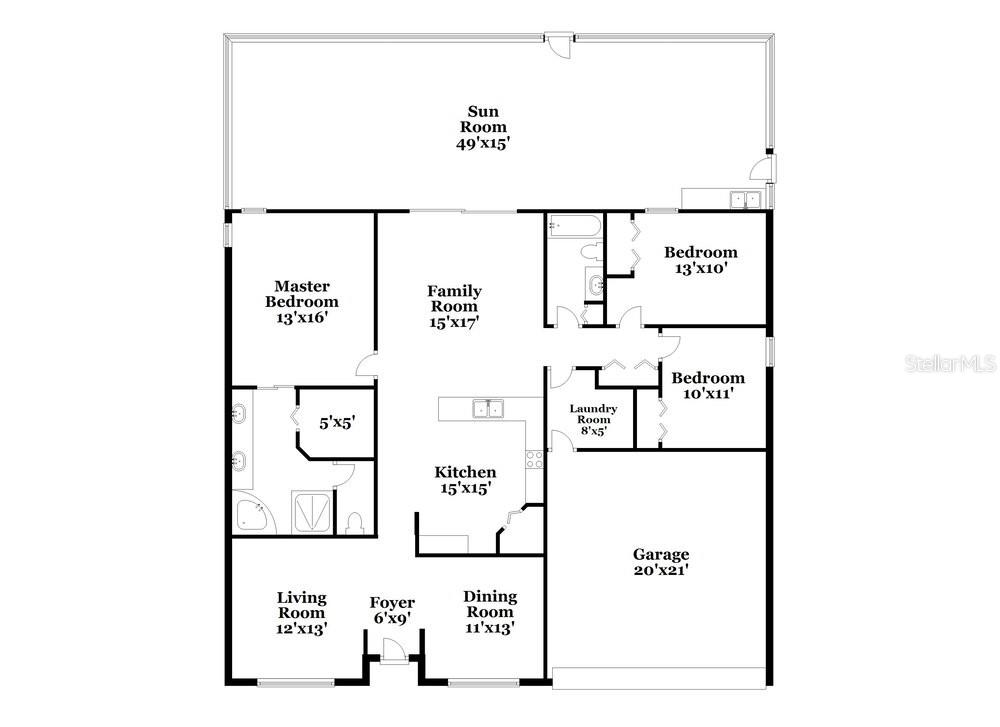 This is a floor plan showing a single-story house with a garage and sun room — 46 DORSET DRIVE, KISSIMMEE, FL