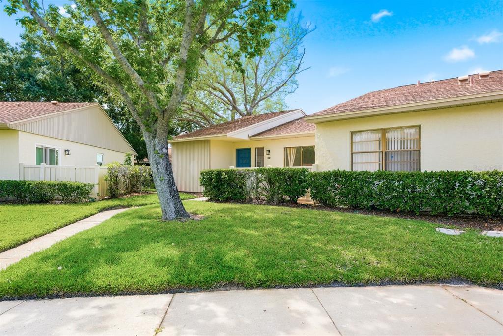 A view of the exterior of a single-story house with a lawn and a tree — 20 EVELYN COURT, OLDSMAR, FL