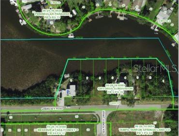 This is a property map showing waterfront lots along Green Key Road in Tarpon Springs — 4599 GREEN KEY ROAD, NEW PORT RICHEY, FL