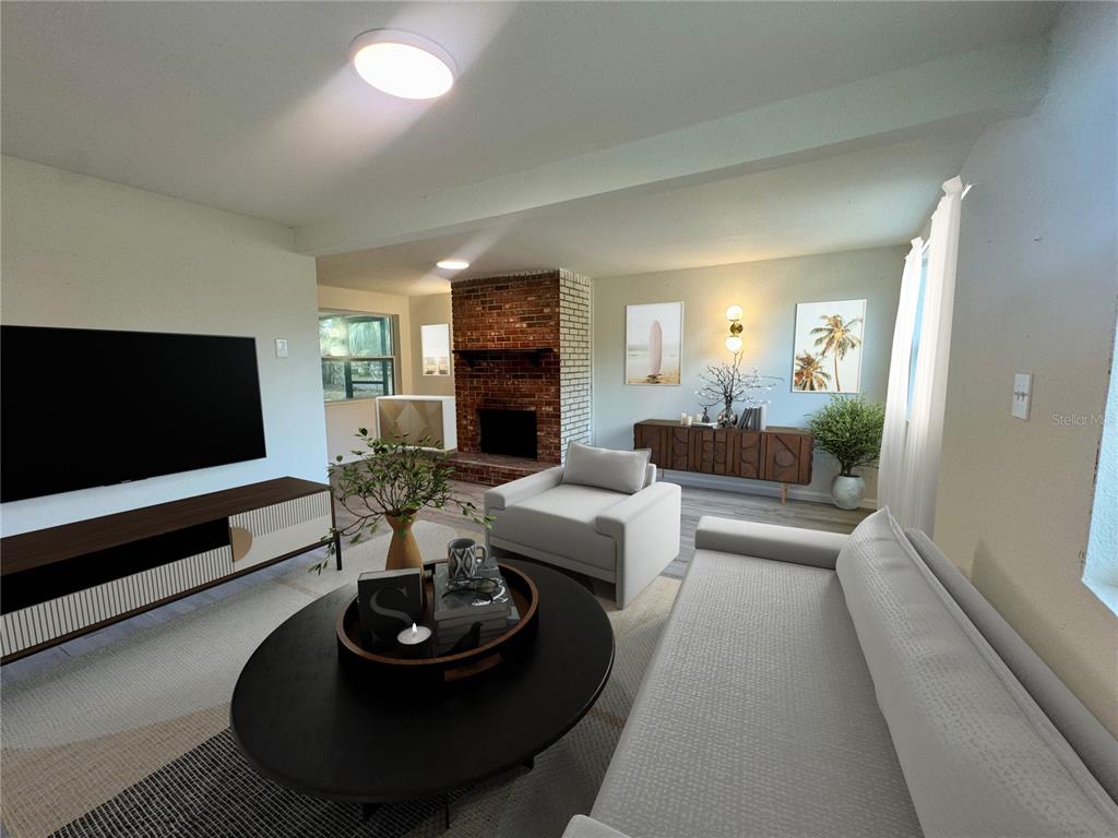 This is a digital rendering of a living room featuring a brick fireplace and furniture — 7224 VALIANT COURT, ORLANDO, FL