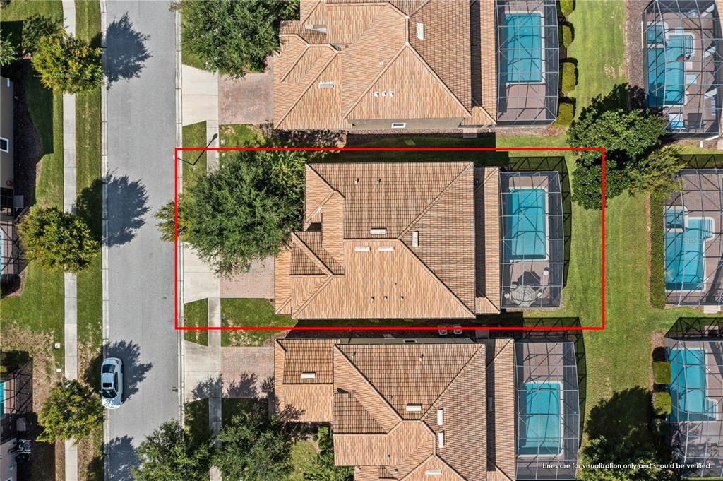 An aerial view shows a residential house with a screened-in pool and backyard — 9117 EL CARO LANE, DAVENPORT, FL