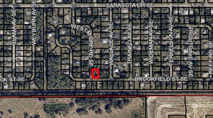 This is an aerial map showing a residential lot highlighted in red — 0000 Westmore Rd SE, Palm Bay FL 32909, PALM BAY, FL