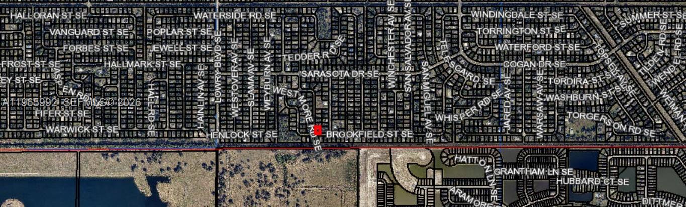 This is a map showing a residential neighborhood with a red square marking a property — 0000 Westmore Rd SE, Palm Bay FL 32909, PALM BAY, FL