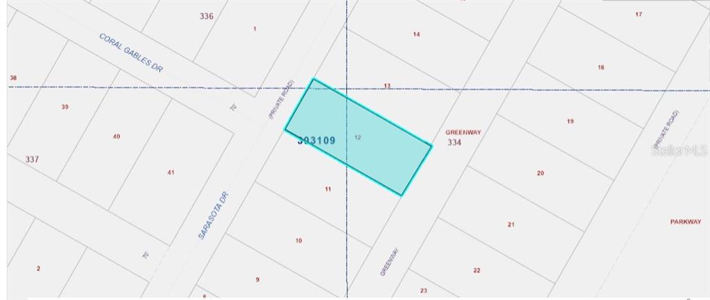 This is a map showing a highlighted rectangular parcel of land labeled with number 12 — SARASOTA DRIVE, INDIAN LAKE ESTATES, FL