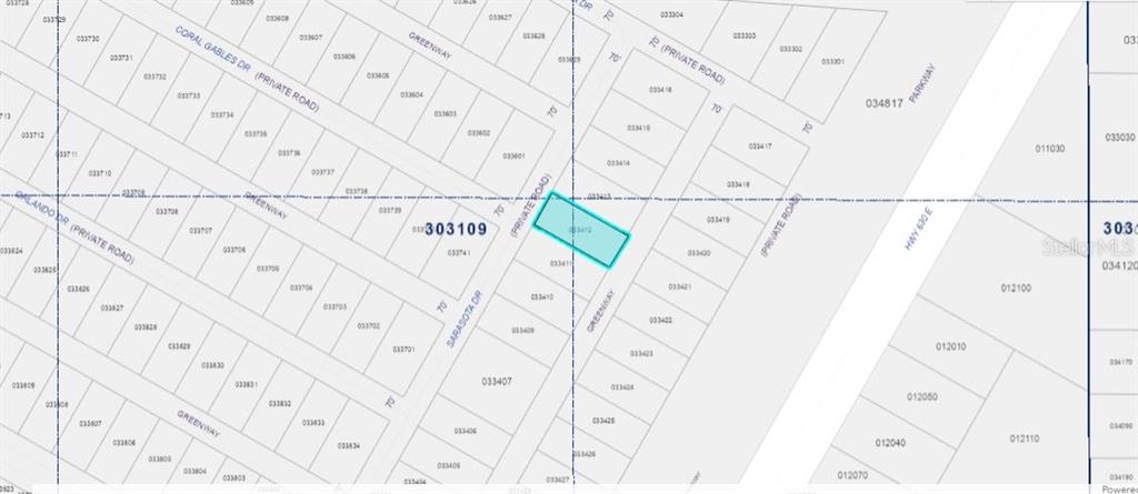 This is a property tax map showing a highlighted parcel of land near private roads — SARASOTA DRIVE, INDIAN LAKE ESTATES, FL