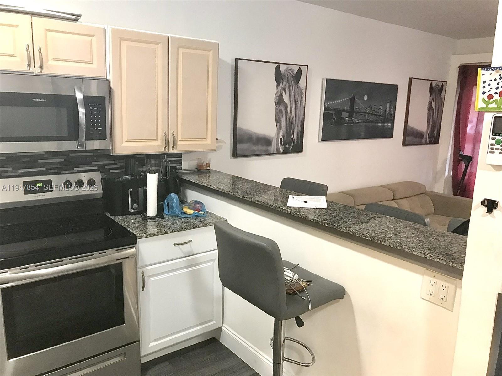 A kitchen features stainless steel appliances, light-colored cabinets, and a granite breakfast bar — 900 SW 11th Ave # 7C, Hallandale Beach FL 33009, HALLANDALE BEACH, FL