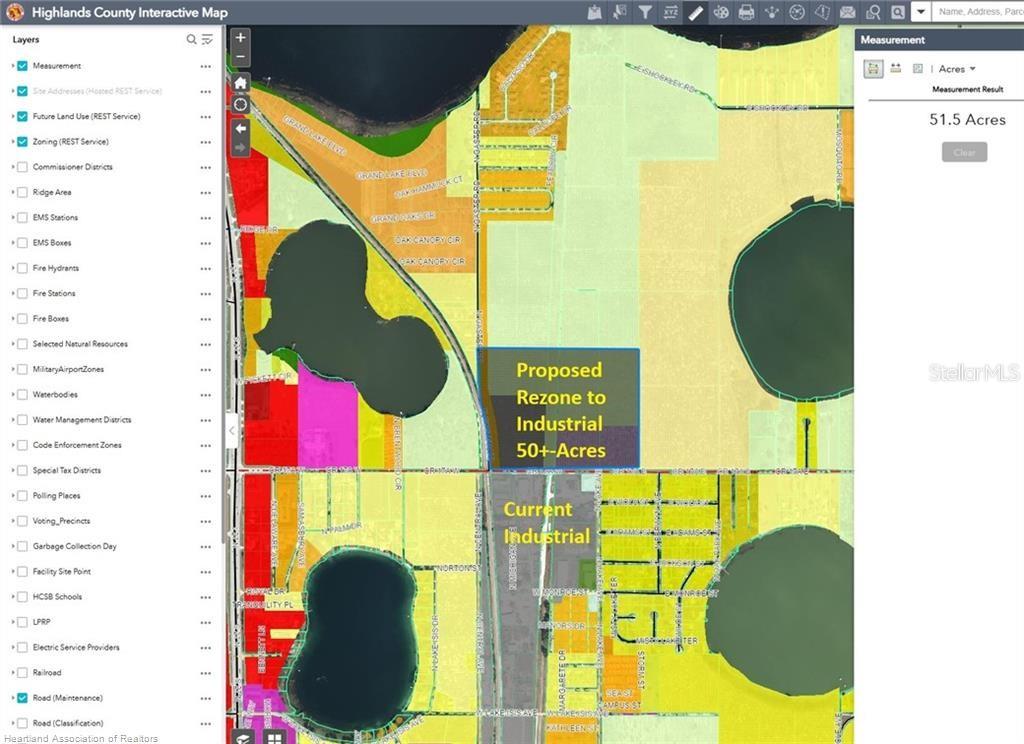 This is a map showing a proposed industrial rezoning area of 51.5 acres — 298 COUNTY ROAD 17A W, AVON PARK, FL