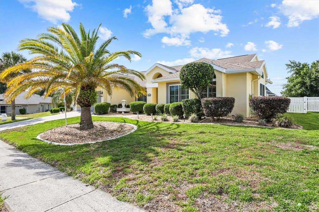 A yellow single-story house features a prominent palm tree and manicured shrubs in the front — 1049 LARKIN ROAD, SPRING HILL, FL