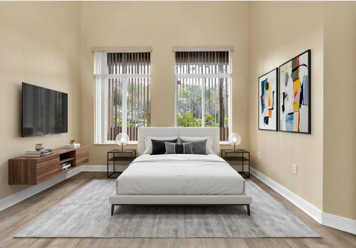 This is a rendering of a modern bedroom featuring a platform bed, floating console, and windows — 16102 Emerald Estates Drive # 108, Weston FL 33331, WESTON, FL