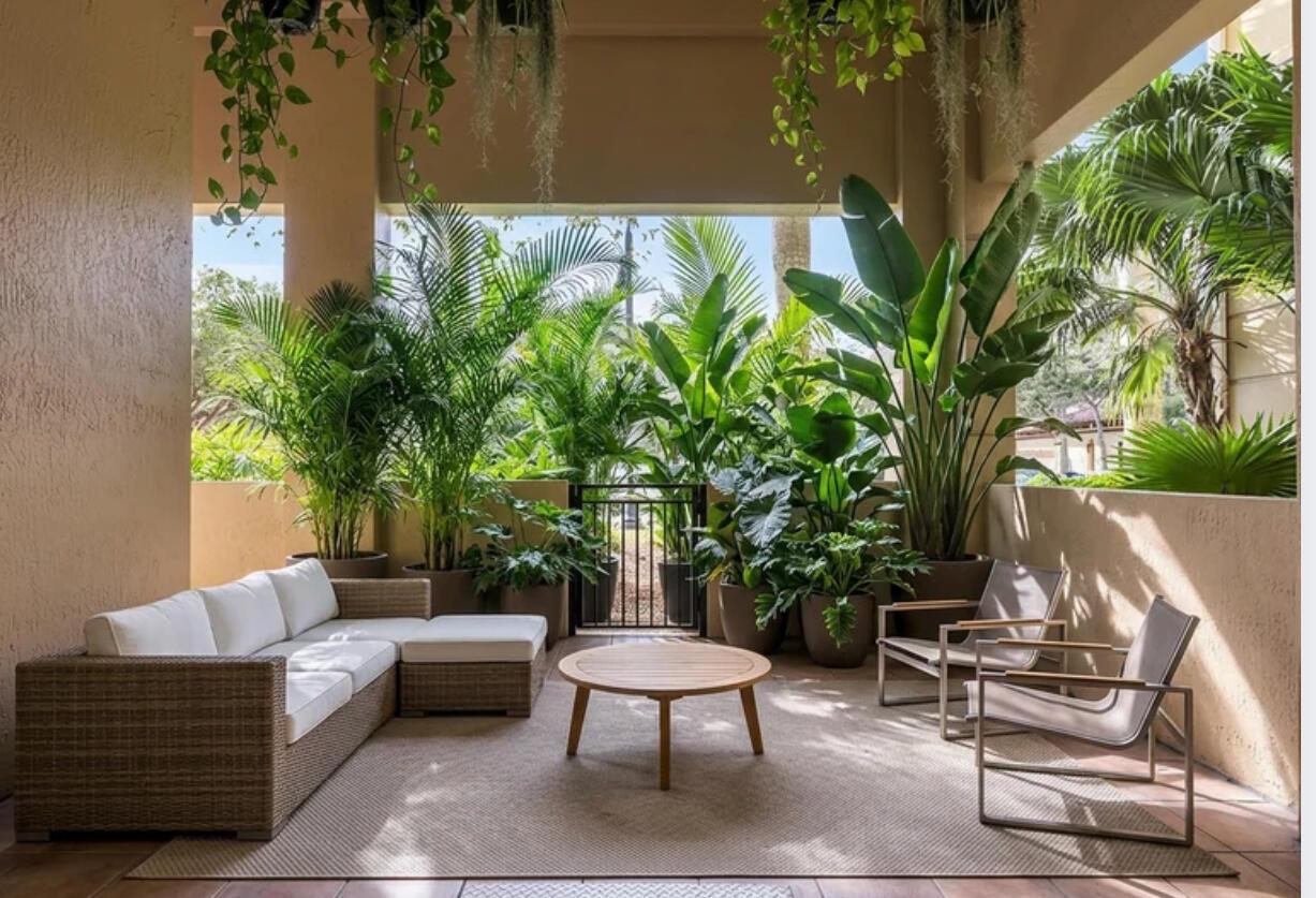 A covered patio features a wicker sectional, two chairs, a coffee table, and many potted plants — 16102 Emerald Estates Drive # 108, Weston FL 33331, WESTON, FL