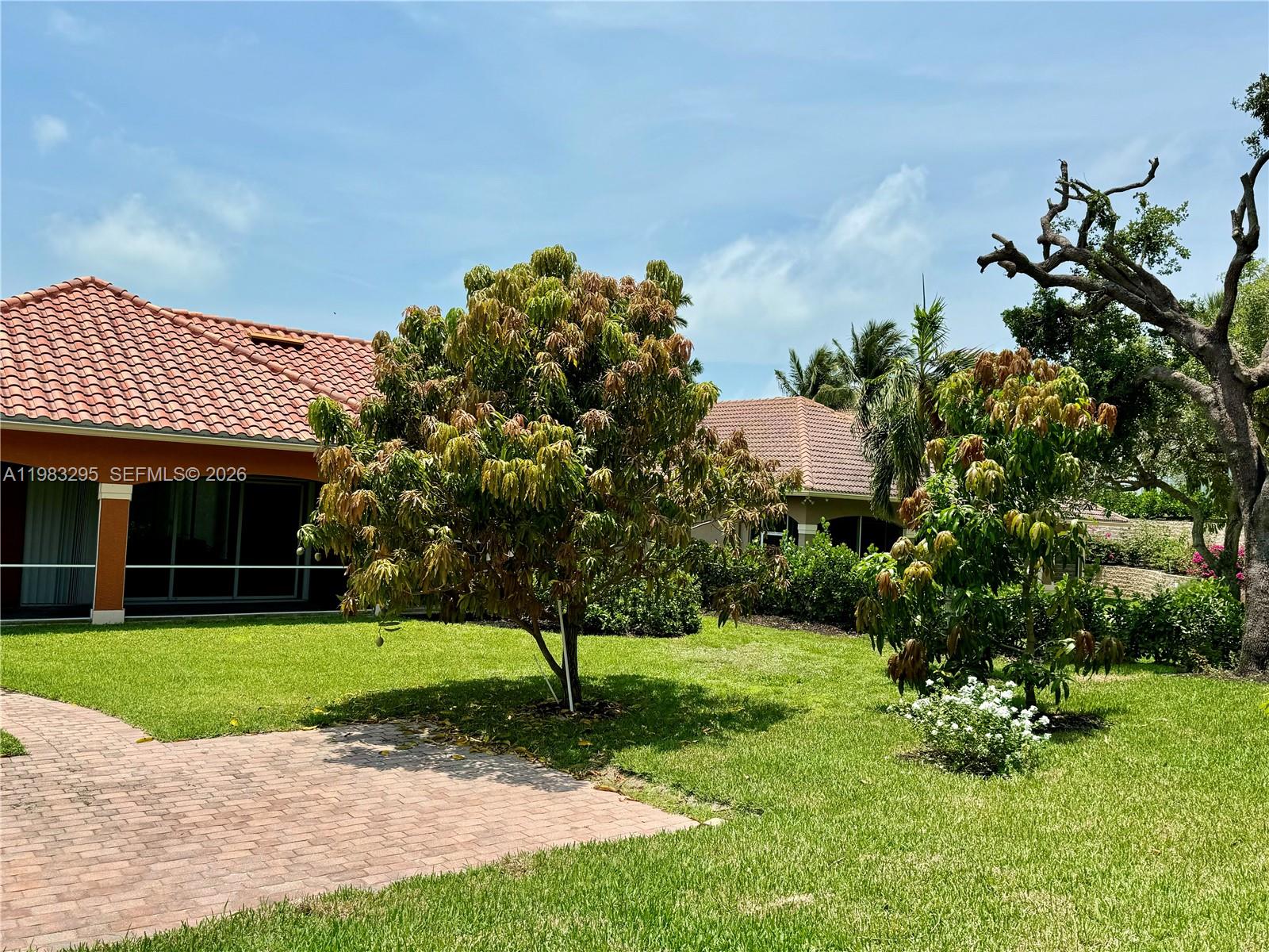 A backyard features two mango trees, a brick patio, and a house with a tiled roof — 1740 Ludlow Rd # 1740, Marco Island FL 34145, MARCO ISLAND, FL