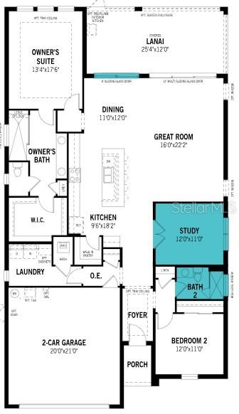 This is a floor plan for a single-story home featuring a garage, lanai, and study — 18296 CHROMATA DRIVE, VENICE, FL