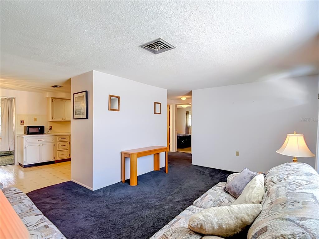 A living room with dark carpet features a central partition wall and an adjacent kitchen — 4617 CROTON DRIVE, NEW PORT RICHEY, FL