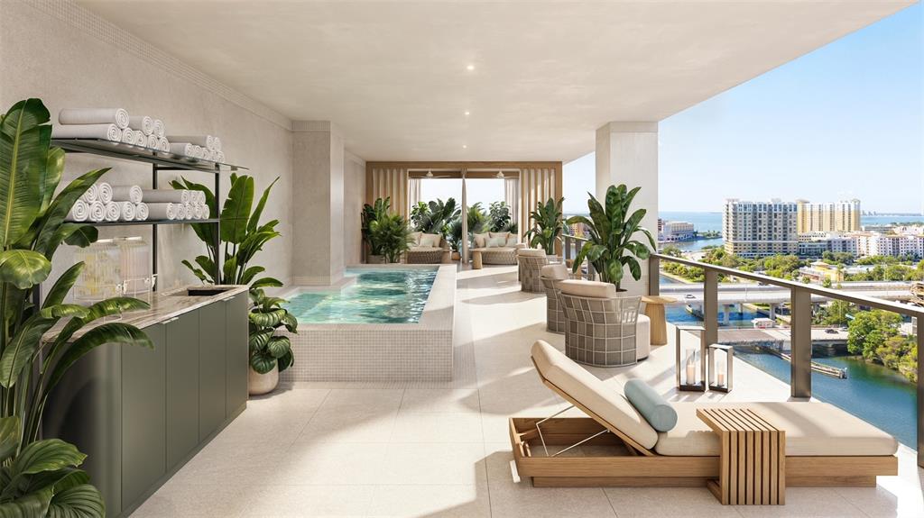 This architectural rendering shows a luxury balcony with a plunge pool, lounge chairs, and city views — 111 S ASHLEY DRIVE UNIT 2702, TAMPA, FL