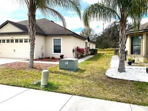 A single-story suburban house with a tan exterior, a two-car garage, and two palm trees — 5578 MAGGIORE BOULEVARD, LAKELAND, FL