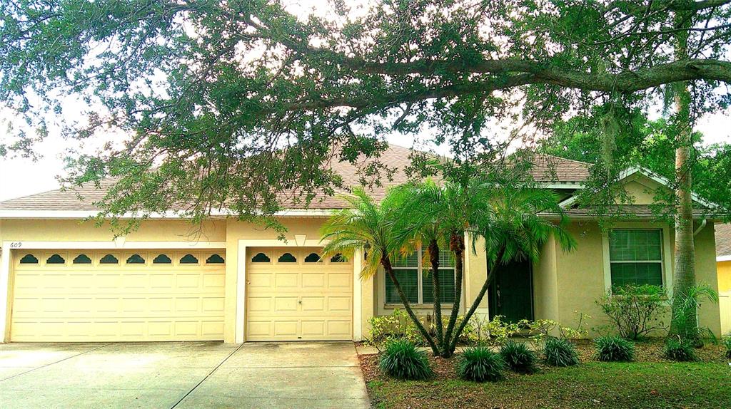 A single-story house with a three-car garage, tan stucco exterior, and a large palm tree — 609 CEDAR WAXWING DRIVE, BRANDON, FL