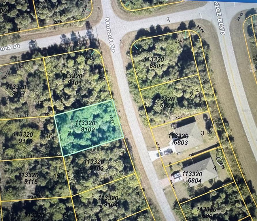 This is a satellite map showing residential land parcels and street layouts — BANNOCK CIRCLE, NORTH PORT, FL