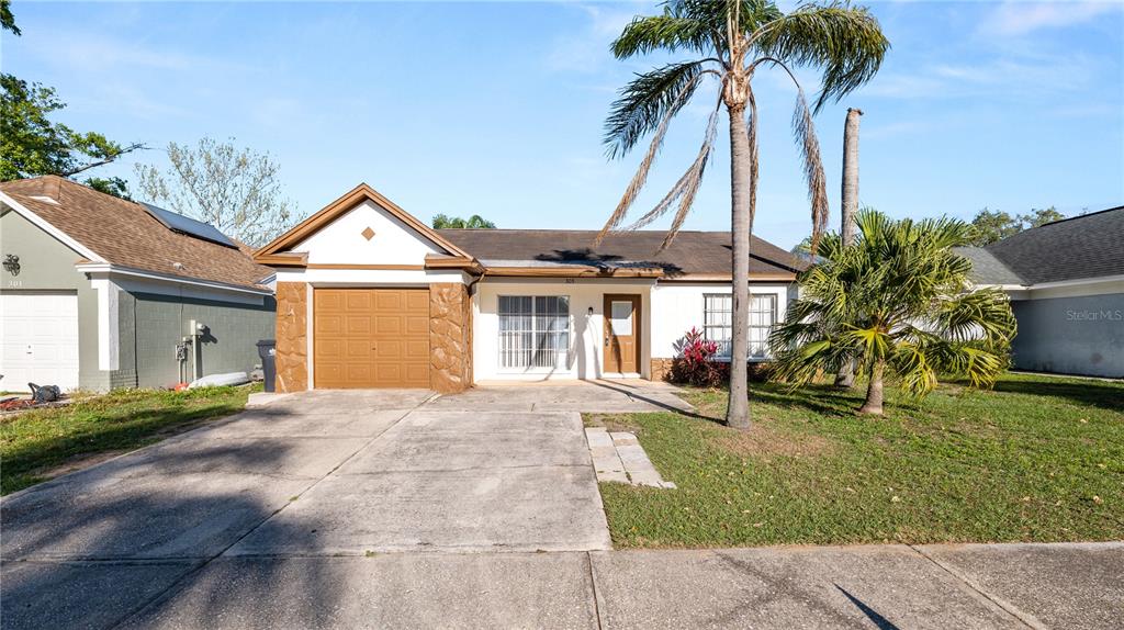 A single-story house with a brown garage, a palm tree, and a concrete driveway — 303 REGAL PARK DRIVE, VALRICO, FL