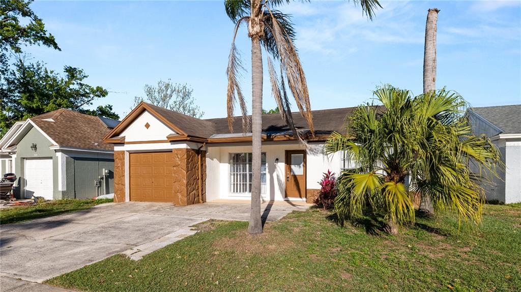 A single-story house with a brown garage, stone accents, and palm trees in the front yard — 303 REGAL PARK DRIVE, VALRICO, FL