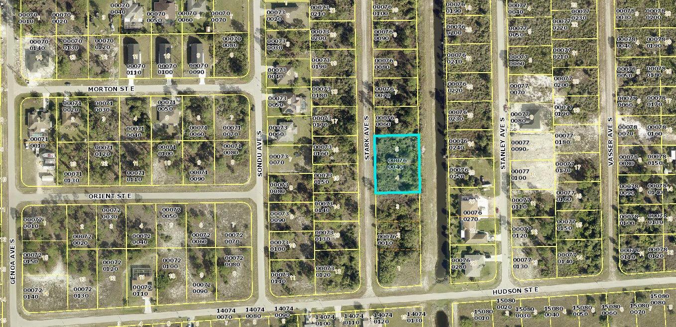 This is a satellite map showing residential lots and streets in a suburban area — 655 Stark Avenue S, Lehigh Acres FL 33974, LEHIGH ACRES, FL