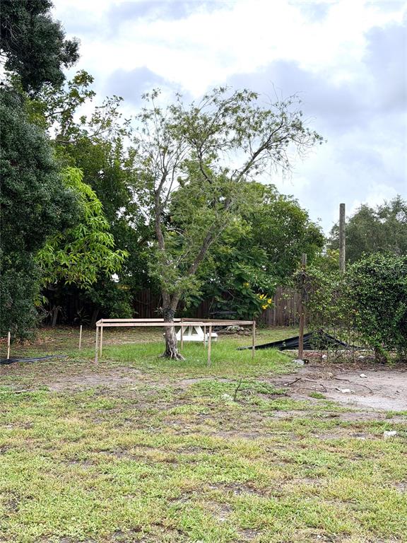 A wooden frame structure surrounds a tree in a grassy backyard with surrounding foliage — 2101 ROSE STREET, SARASOTA, FL