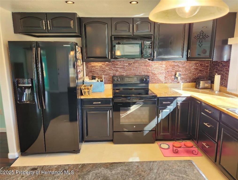 A kitchen features black cabinets, black appliances, and a textured brown tile backsplash — 6371 FRANK COURT, BROOKSVILLE, FL