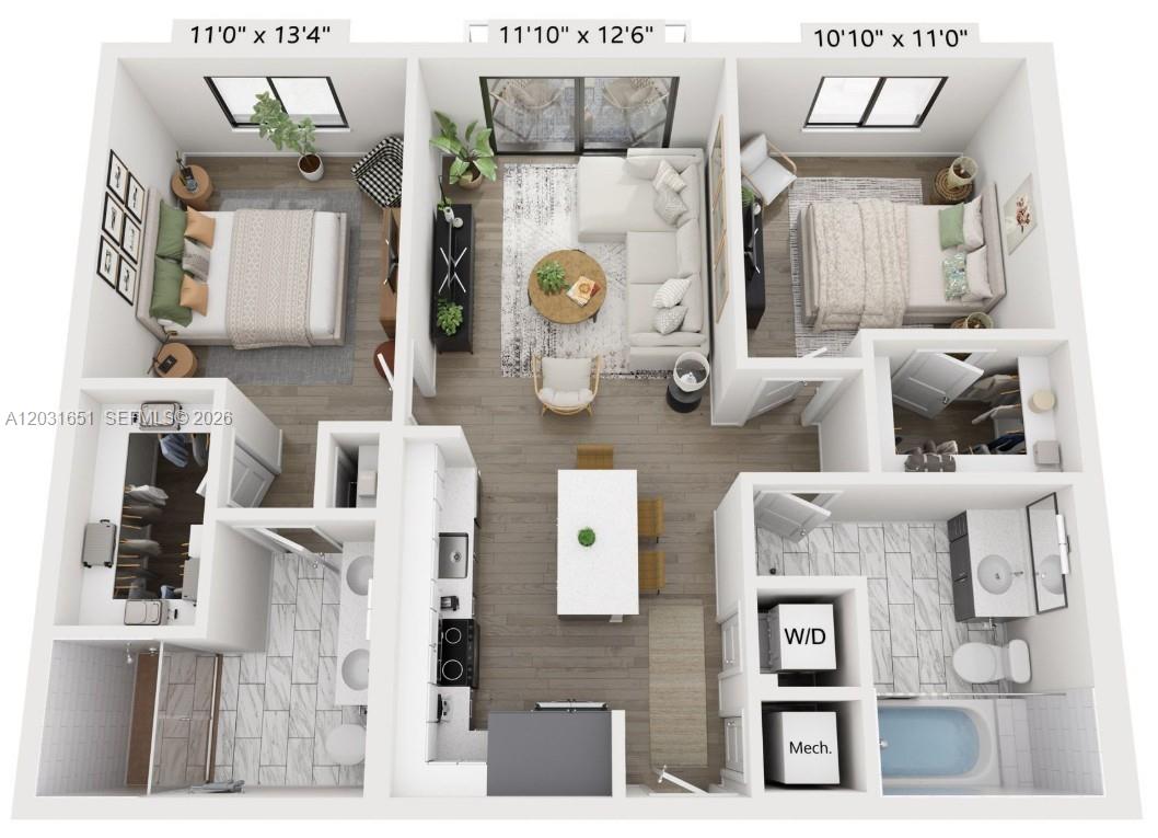 This is a 3D floor plan rendering of a two-bedroom apartment with an open layout — 19401 W Dixie Hwy # 233, Miami FL 33180, MIAMI, FL