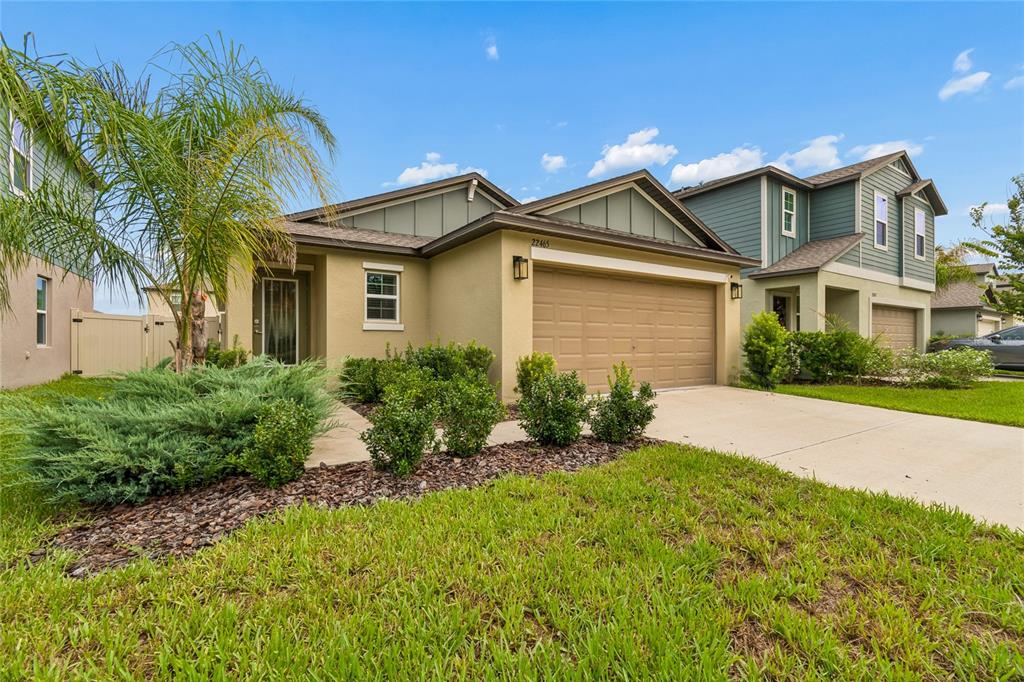 A single-story suburban house with a tan stucco exterior, a two-car garage, and landscaping — 22465 STORYBOOK CABIN WAY, LAND O LAKES, FL