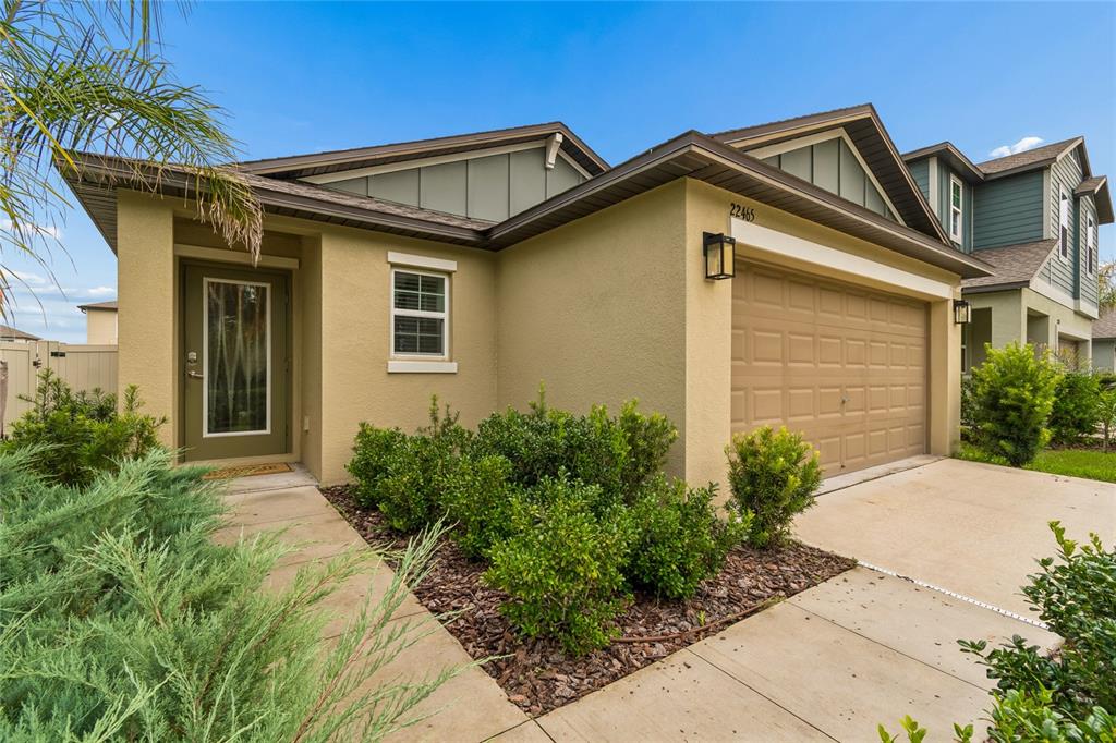 A single-story house with a tan stucco exterior, a brown garage door, and a front walkway — 22465 STORYBOOK CABIN WAY, LAND O LAKES, FL
